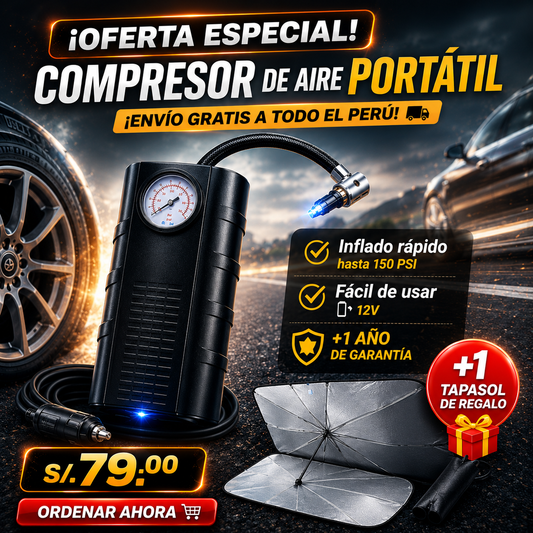Compresor de Aire Portátil Para Auto + Tapasol de Regalo 🎁🎁